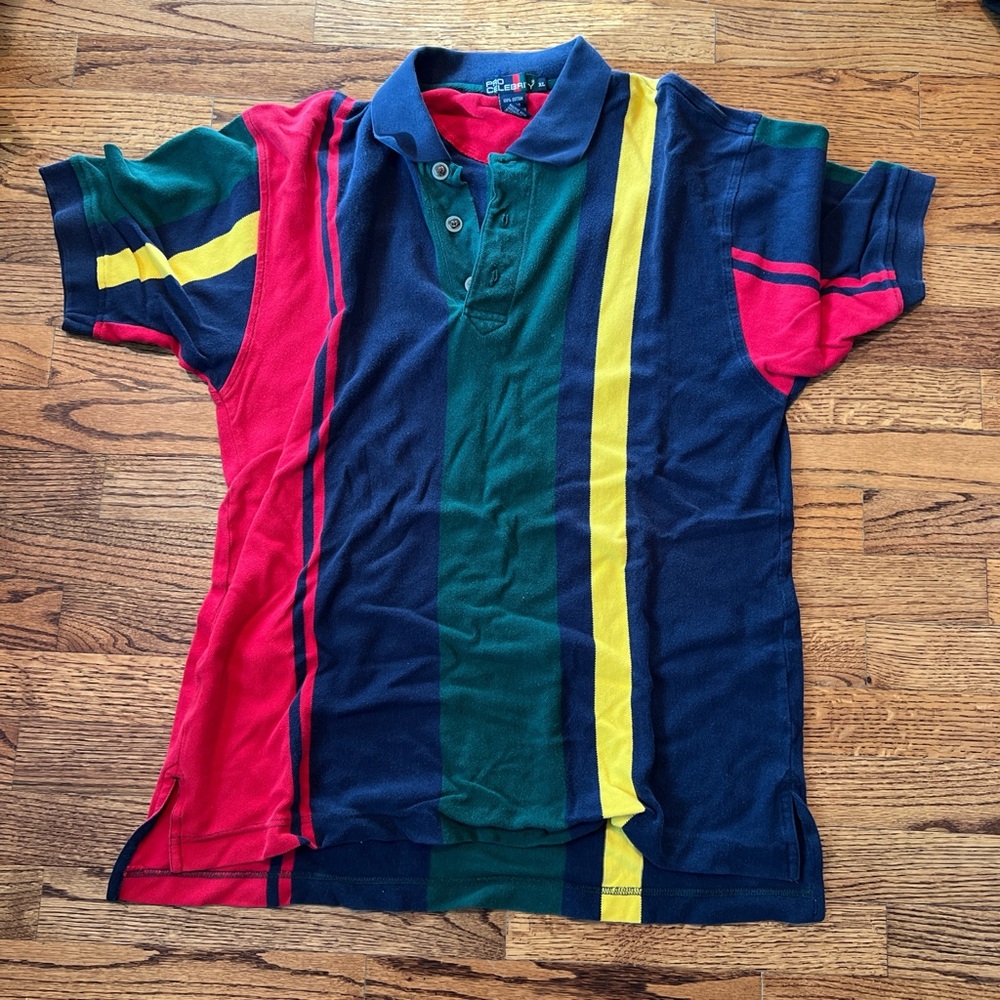 vintage green, navy and red polo